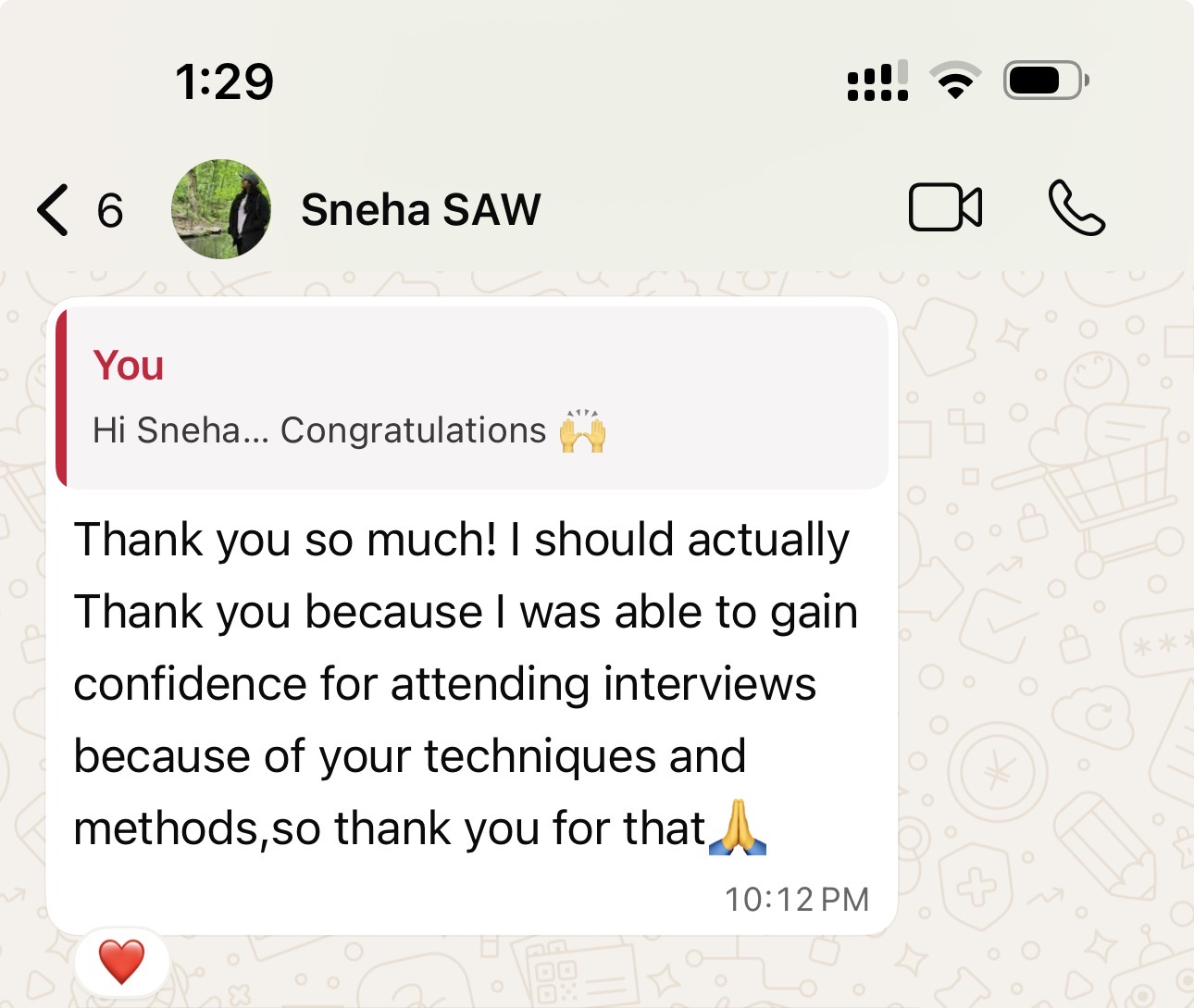 WhatsApp testimonial from Sneha