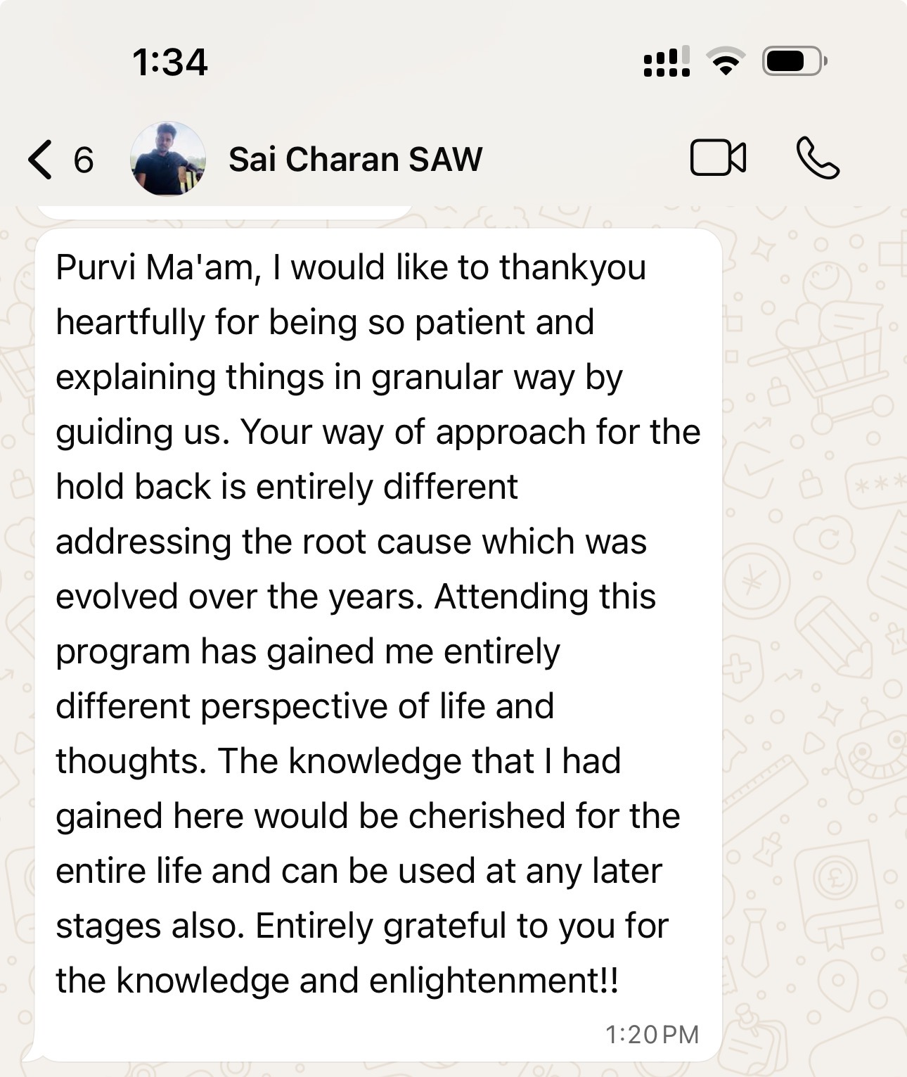 WhatsApp testimonial from Sai Charan